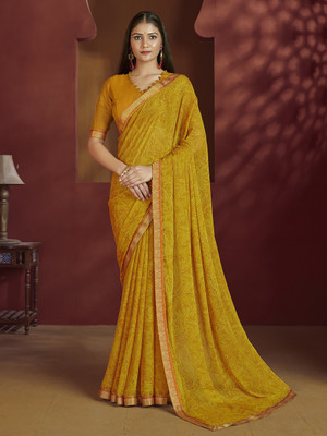 Divastri Floral Print, Geometric Print, Digital Print, Printed Bollywood Chiffon Saree(Yellow)