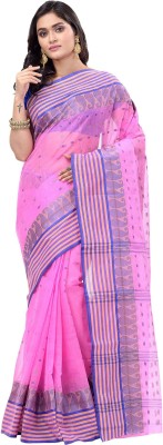 PuJoy Striped Tant Pure Cotton Saree(Pink)