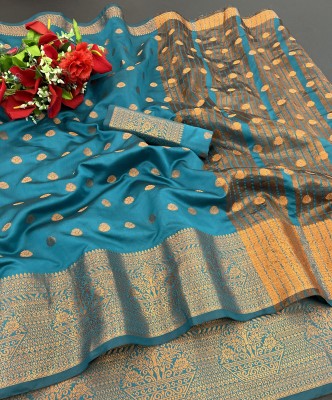 Pionex Woven Banarasi Cotton Silk, Jacquard Saree(Light Blue)