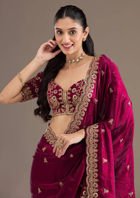 RADHA RANI TEX Embroidered, Floral Print, Embellished Handloom Satin Saree(Maroon)