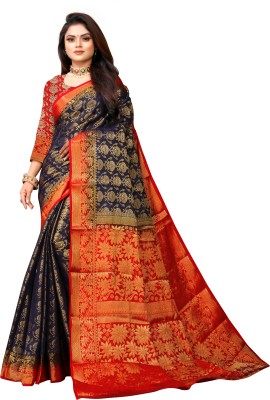 Riya Creation Floral Print Banarasi Nylon Saree(Dark Blue)