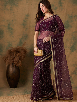Sangria Embroidered Daily Wear Net Saree(Purple)