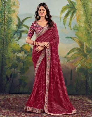 Satrani Embellished, Embroidered, Printed Bandhani Georgette, Lace Saree(Red)