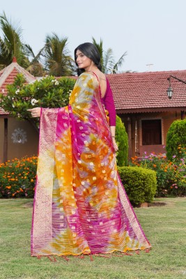 KOTHARI LGF Solid/Plain Bandhani Organza Saree(Pink)