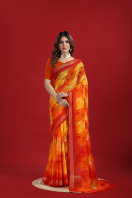 nirmal creation Floral Print Bollywood Georgette Saree(Orange)