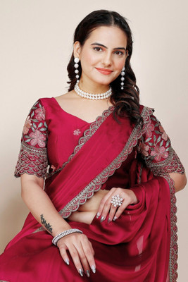 Anjani Textile Embroidered Daily Wear Chiffon Saree(Pink)