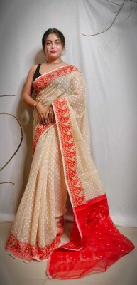 Sudipa Self Design, Woven Jamdani Cotton Silk Saree(Cream)