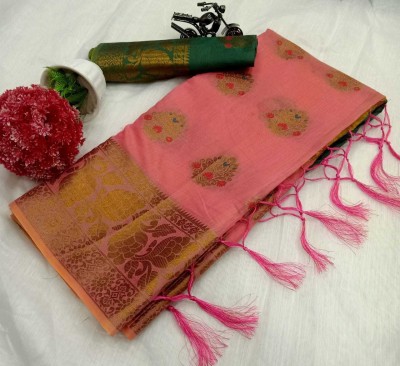 iZibra Woven, Applique Kanjivaram Cotton Blend, Cotton Silk Saree(Pack of 2, Green, Pink)