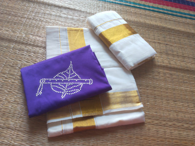 South Weavers Striped Kasavu Cotton Blend Saree(White)