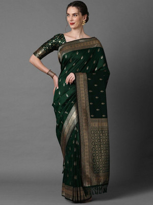 Moda Rapido Woven Banarasi Cotton Blend Saree(Green)