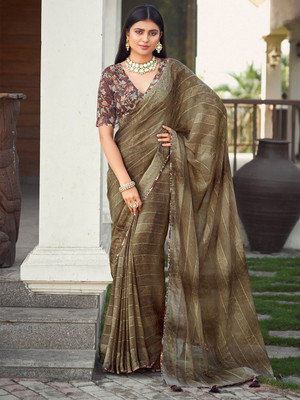 ANOUK Printed Bollywood Georgette Saree(Brown)