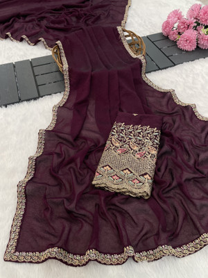K 5 FASHION Embroidered, Solid/Plain Bollywood Chiffon Saree(Maroon)
