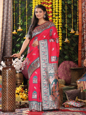 PANZORA Woven Madhubani Silk Blend Saree(Pink)