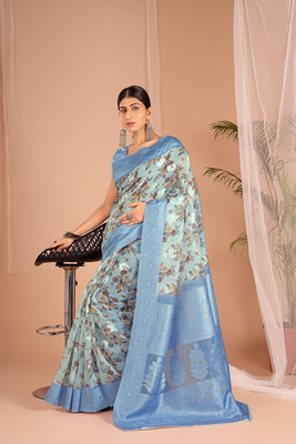 WISHLIST Digital Print Bollywood Cotton Blend Saree(Blue)