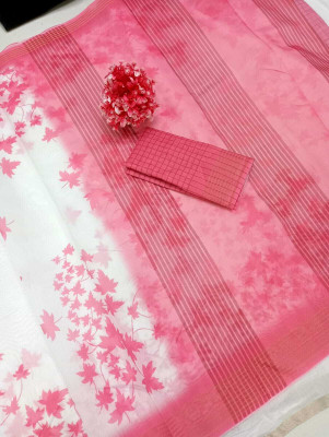 HouseOfCommon Floral Print Kanjivaram Chanderi, Pure Silk Saree(White, Pink)