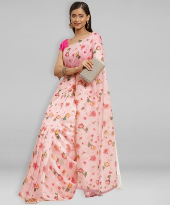 Divastri Floral Print Bollywood Organza Saree(Pink)