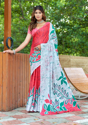 Divastri Blocked Printed, Printed Chanderi Cotton Blend Saree(Red, White)