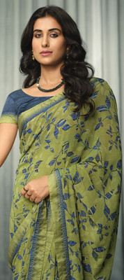 SARIK Printed, Self Design, Graphic Print, Floral Print, Checkered, Solid/Plain Bollywood Georgette, Chiffon Saree(Light Green)