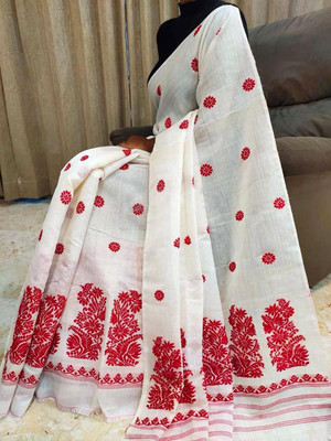 white desert Self Design Mekhela Chador Cotton Silk Saree(White)
