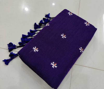 MA TARA TEXTILES ROHIT Floral Print Handloom Cotton Blend Saree(Dark Blue)
