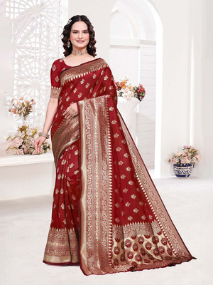Moda Rapido Woven Banarasi Cotton Blend Saree(Red)