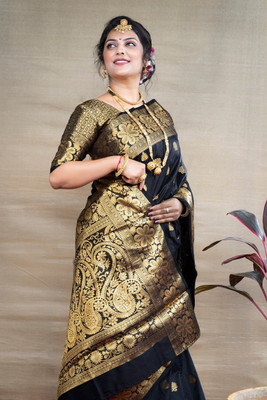 LEOSAGI Printed Kanjivaram Jacquard, Silk Blend Saree(Black)
