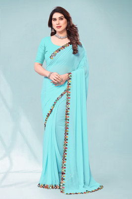 Herink Fashion Solid/Plain Bollywood Georgette Saree(Light Blue)