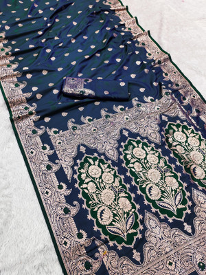 Bansari Textiles Woven Banarasi Silk Blend Saree(Dark Blue)