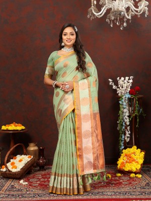 YUG ART Woven Banarasi Cotton Silk Saree(Light Green)