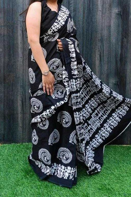 DASTKARPRINT Printed, Color Block, Blocked Printed, Floral Print, Dyed Daily Wear Pure Cotton Saree(Black)