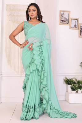 DWINIZAA STORE Solid/Plain, Embroidered Pre Draped Saree Georgette Saree(Light Green)