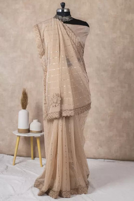 HouseOfCommon Embellished Bollywood Lycra Blend Saree(Cream)