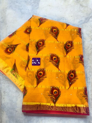 KRISHNA NX Printed Bandhani Pure Cotton Saree(Gold)