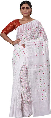 PIYARI Self Design Jamdani Cotton Blend Saree(White)