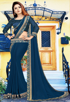 Suvali Fashion Temple Border Banarasi Lycra Blend, Chiffon Saree(Dark Blue)