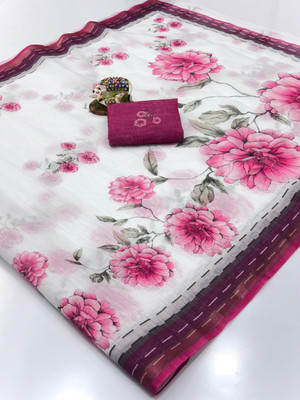 2SD gratitude Floral Print, Printed Daily Wear Cotton Linen, Linen Saree(White, Pink)