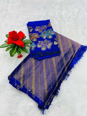 KANDORA Floral Print Daily Wear Brasso Saree(Blue)