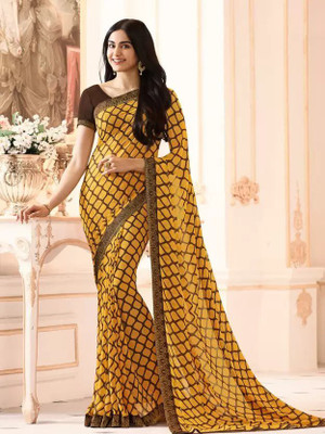 BLEESBURY Printed, Self Design, Graphic Print, Floral Print, Checkered, Solid/Plain Bollywood Silk Blend, Chiffon Saree(Yellow)