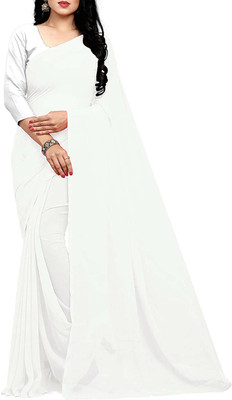 Way2Like Solid/Plain Bollywood Georgette Saree(White)