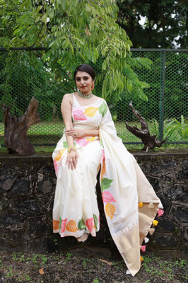 Anjaneya Sarees Woven Banarasi Cotton Silk Saree(White)