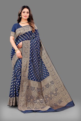 Niwaa Printed, Self Design, Embellished, Woven, Animal Print, Blocked Printed Kanjivaram Jacquard, Silk Blend Saree(Dark Blue)