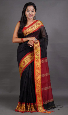 ANU INDIAN FASHION Woven, Temple Border Handloom Cotton Silk Saree(Black)