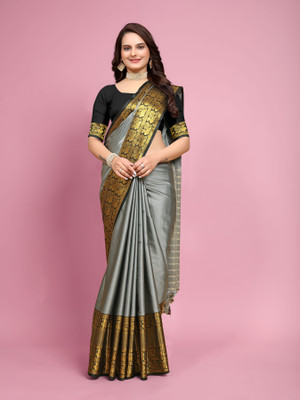 Banaras silk palace Solid/Plain Mysore Silk Blend Saree(Black, Grey)
