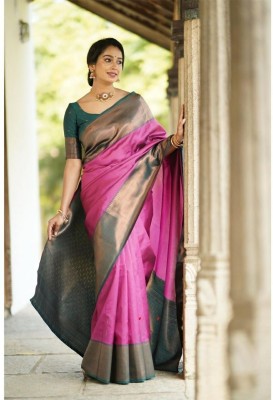 Bansari Textiles Embellished, Applique, Self Design, Woven Kanjivaram Jacquard, Art Silk Saree(Pink)