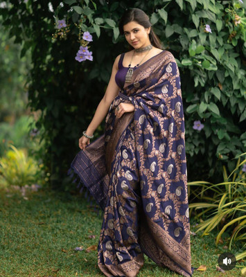 hitesh pahuja Paisley, Floral Print, Woven, Self Design Banarasi Pure Silk Saree(Blue)