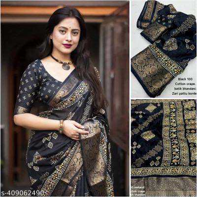 SSHAGUN LIFESTYLE Printed Hand Batik Cotton Silk Saree(Green)