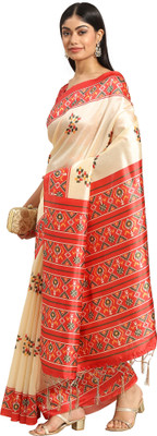 Akhilam Embroidered Sambalpuri Silk Blend Saree(Cream, Red)
