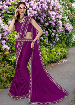 FabDaisy Printed Banarasi Lycra Blend Saree(Purple)