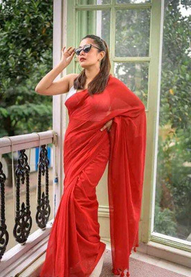 Maatarasaree Solid/Plain Bollywood Cotton Blend Saree(Red)