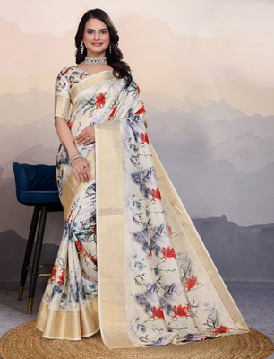 Dharam Creation Floral Print Bollywood Cotton Linen Saree(Cream)